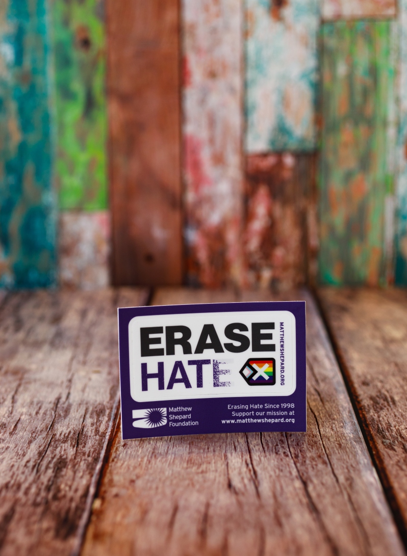 Product Description: These 3.5”x2.5” vinyl stickers are great for water bottles, laptops, helmets, and more. (Water bottle not included).</br> Contemporary Erase Hate Vinyl Sticker
